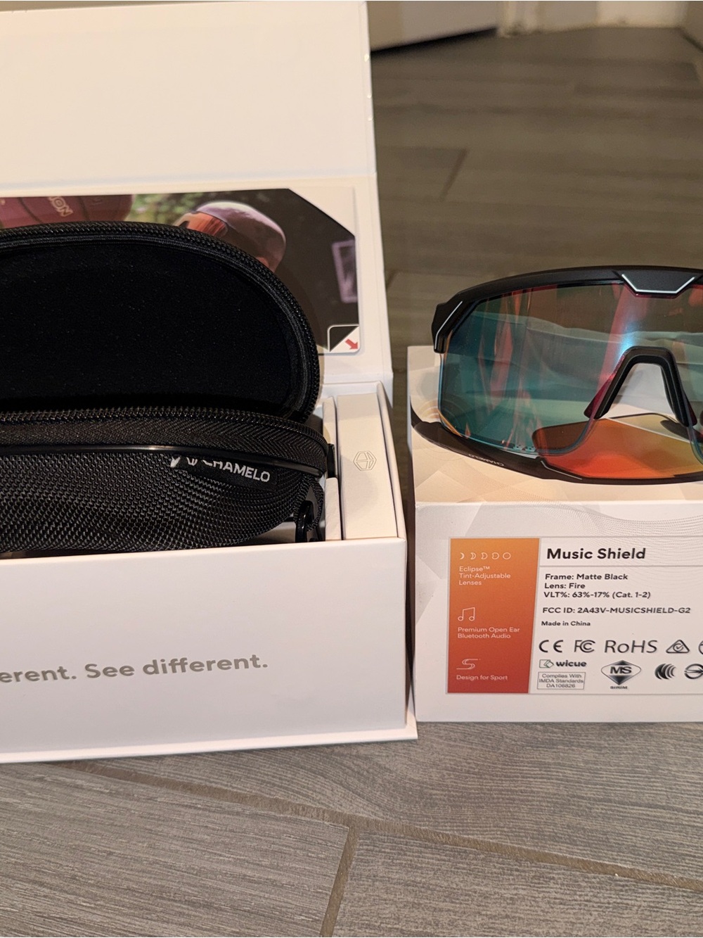Chamelo Music Shield Smart Audio Sunglasses Fire Lens Matte Black NIB - Picture 4 of 9